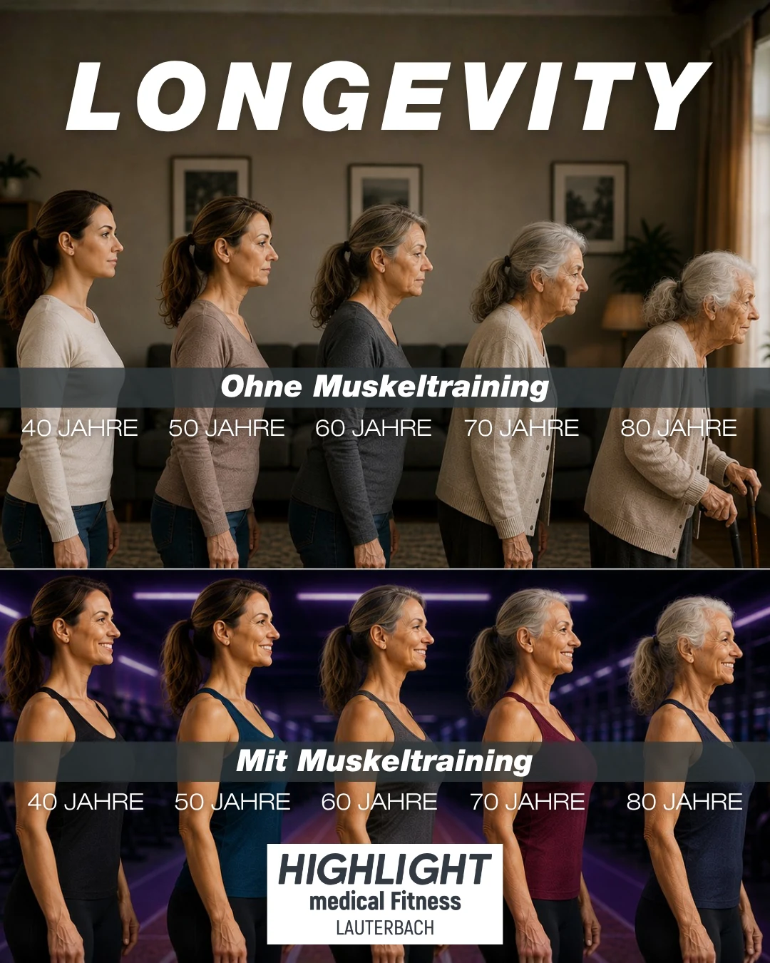 Longevity: Haltung einer Frau mit und ohne Muskeltraining im Alter – Illustration Longevity: Haltung einer Frau mit und ohne Muskeltraining im Alter – Illustration