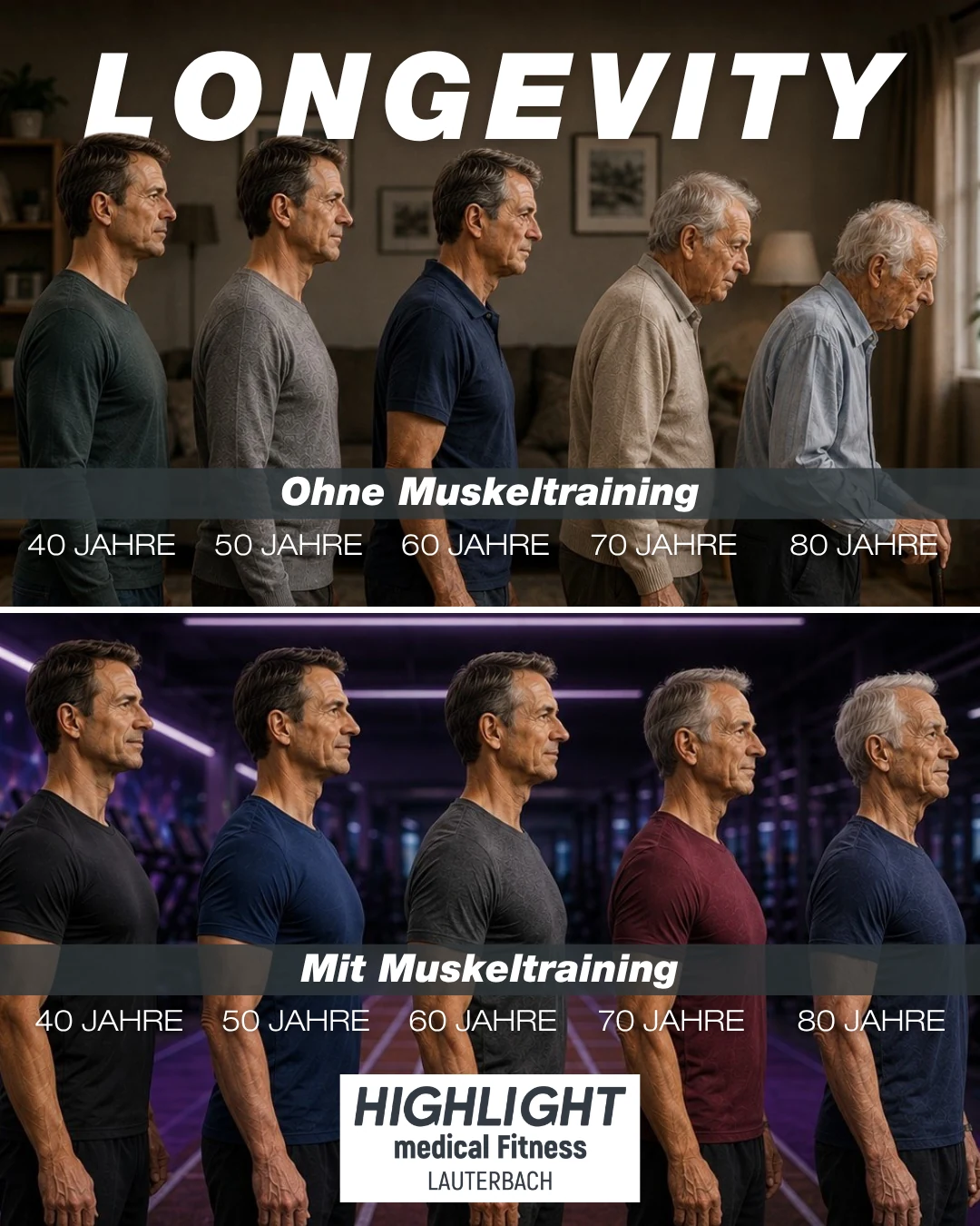 Longevity: Haltung eines Mannes mit und ohne Muskeltraining im Alter – Illustration Longevity: Haltung eines Mannes mit und ohne Muskeltraining im Alter – Illustration